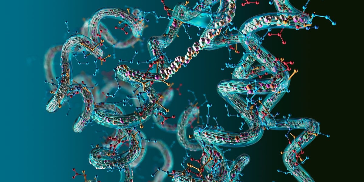 Cadena de aminoácidos o biomoléculas formando una proteína - ilustración 3D