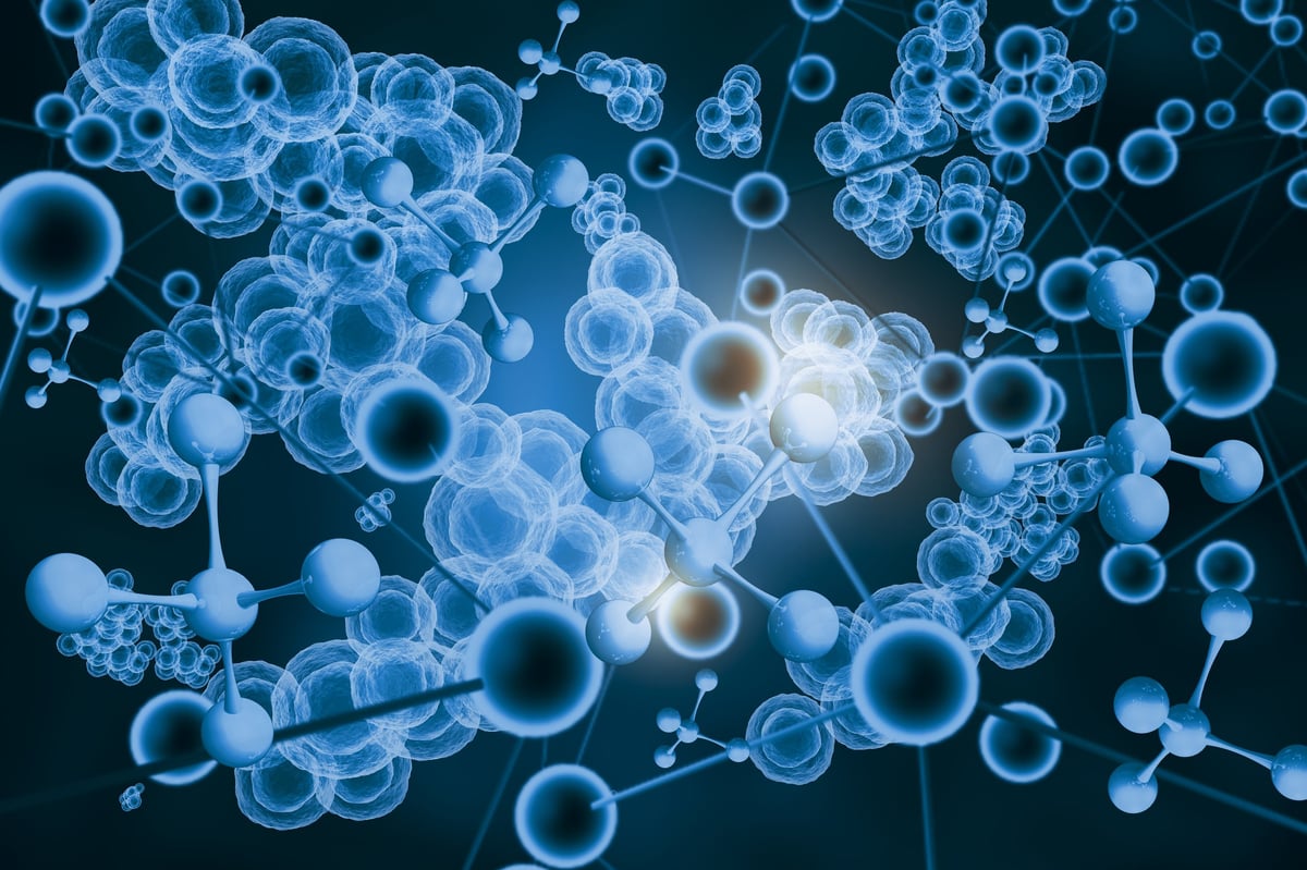 Molecule structure on abstract blue background, 3D scientific illustration representing dual-action peptide therapy