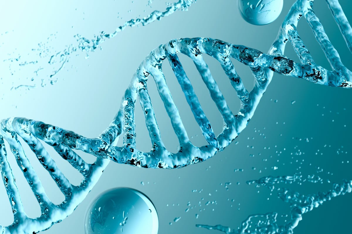 Doble hélice de ADN hecha de agua simbolizando genética y biotecnología