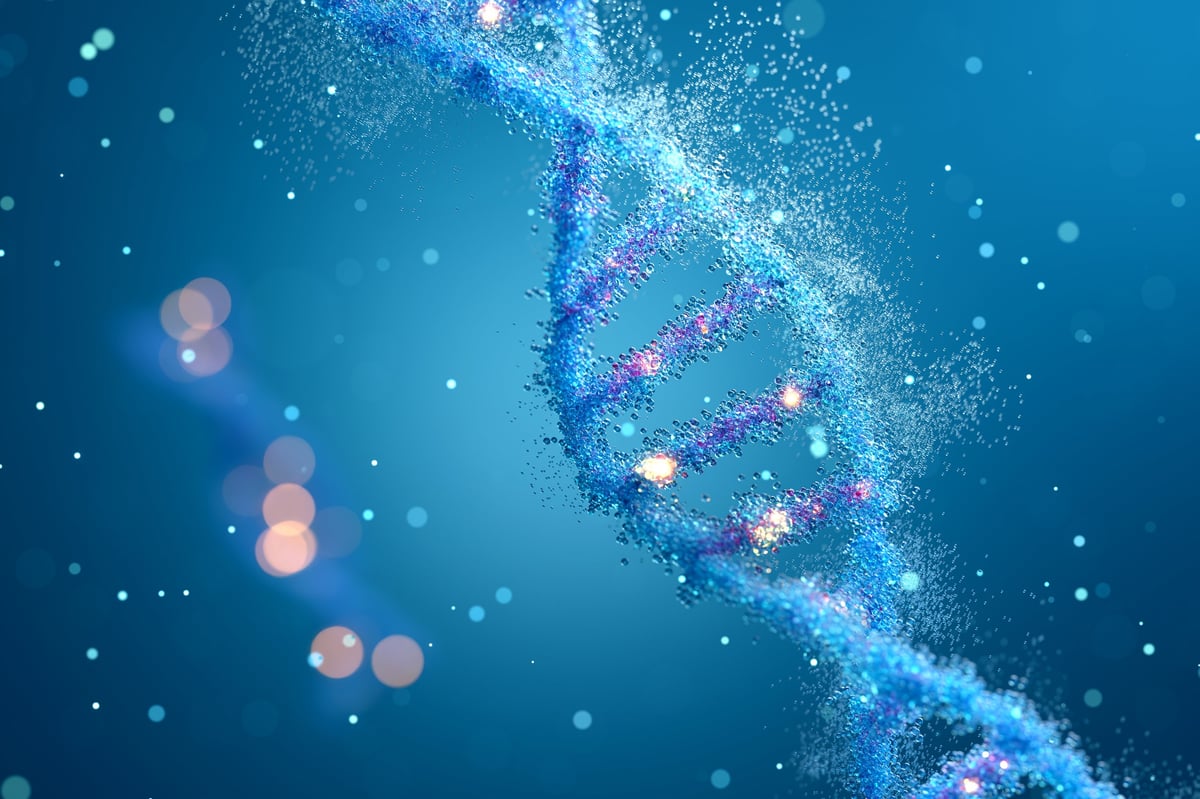 Estructura de ADN con partículas azules, investigación genética