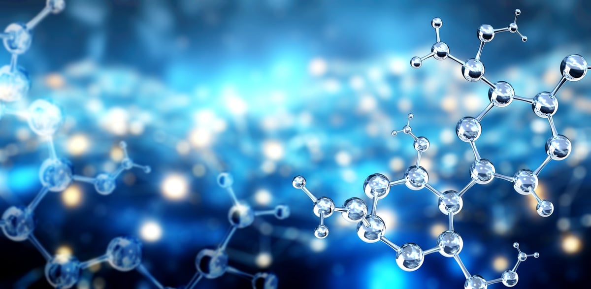 Molecular structure on abstract blue background with glass atom model, representing next-generation peptide therapy